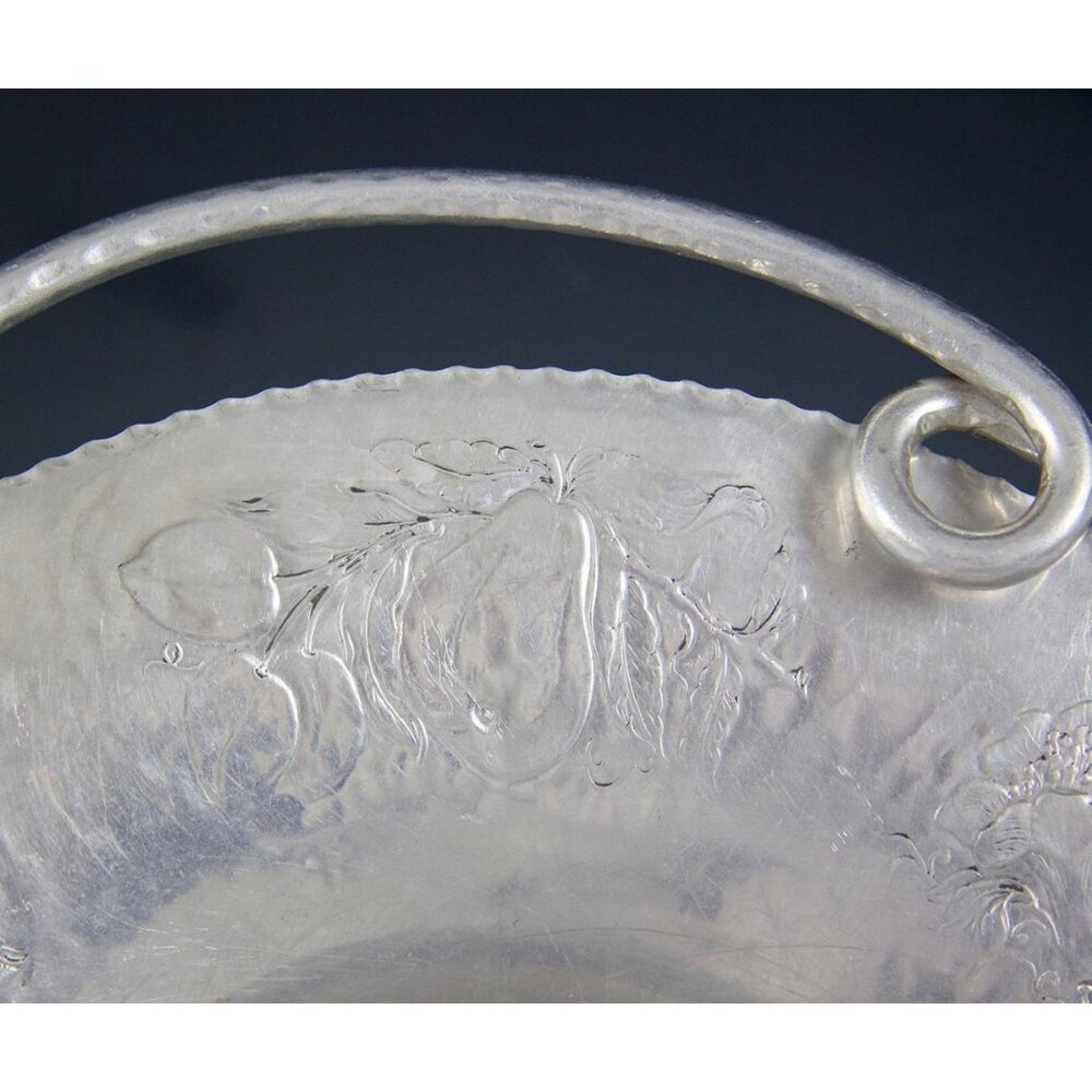 Vintage Hand Hammered Wrought Aluminum Fruit Flower Motif Basket - Picture 6 of 10
